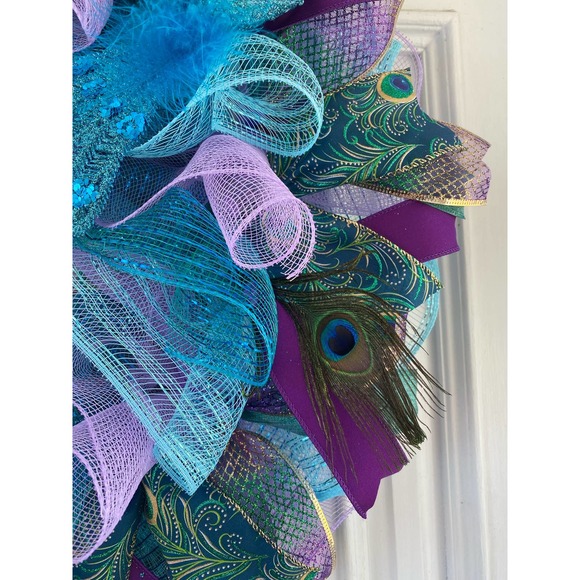 Peacock Feathers Deco Mesh Ribbon Wreath Year Round Everyday Wall Hanger Decor - Picture 5 of 9